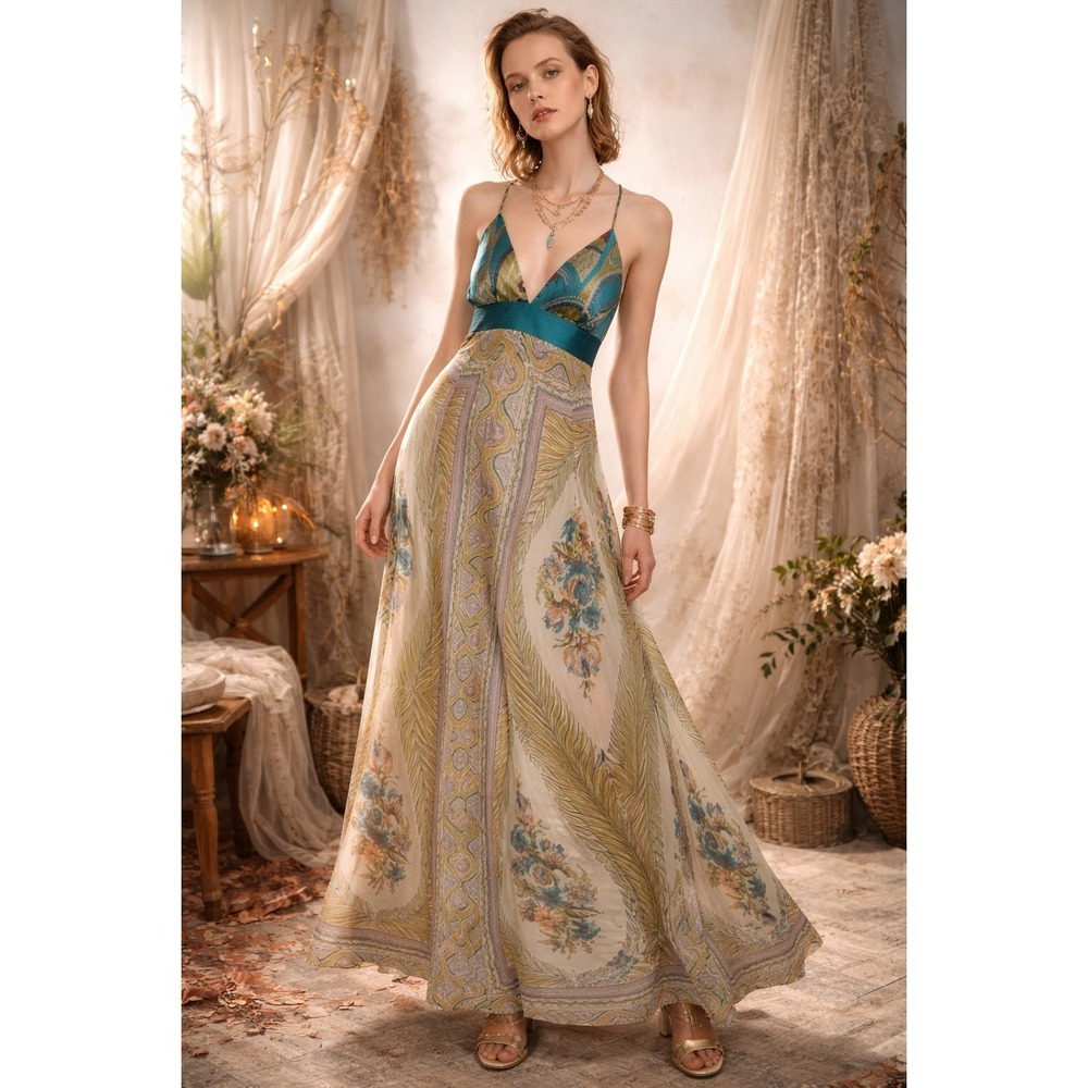 NWT~ SINGLE Brand Silk Dress Luxurious Boho Fairy‎ Y2K Empire Art Eclectic  S XS